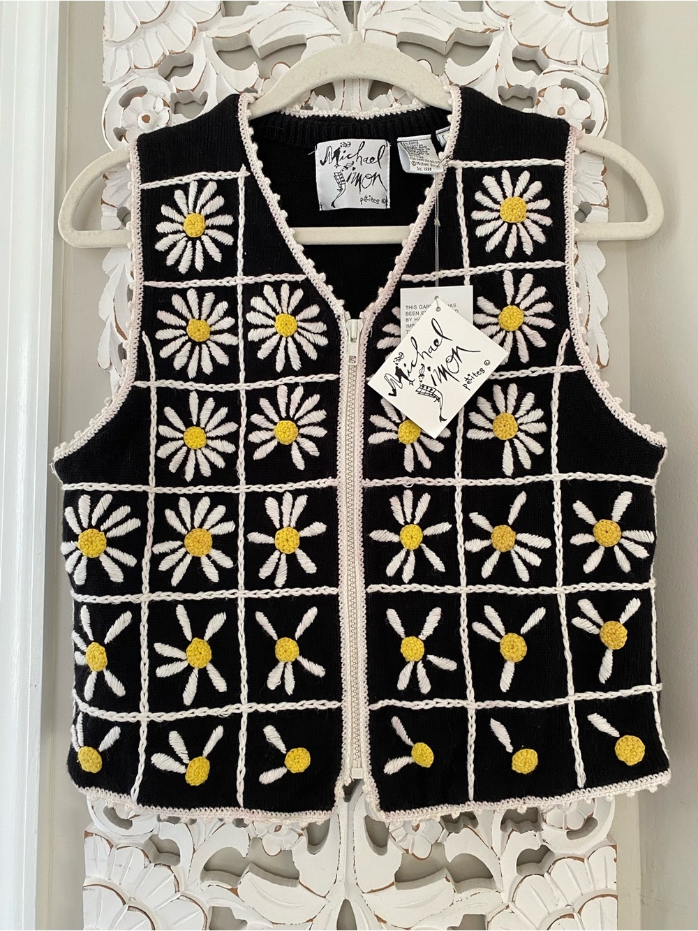 Rare VTG 1996 Michael Simon Petites Daisy Zip Front Sweater Vest Art to Wear NWT